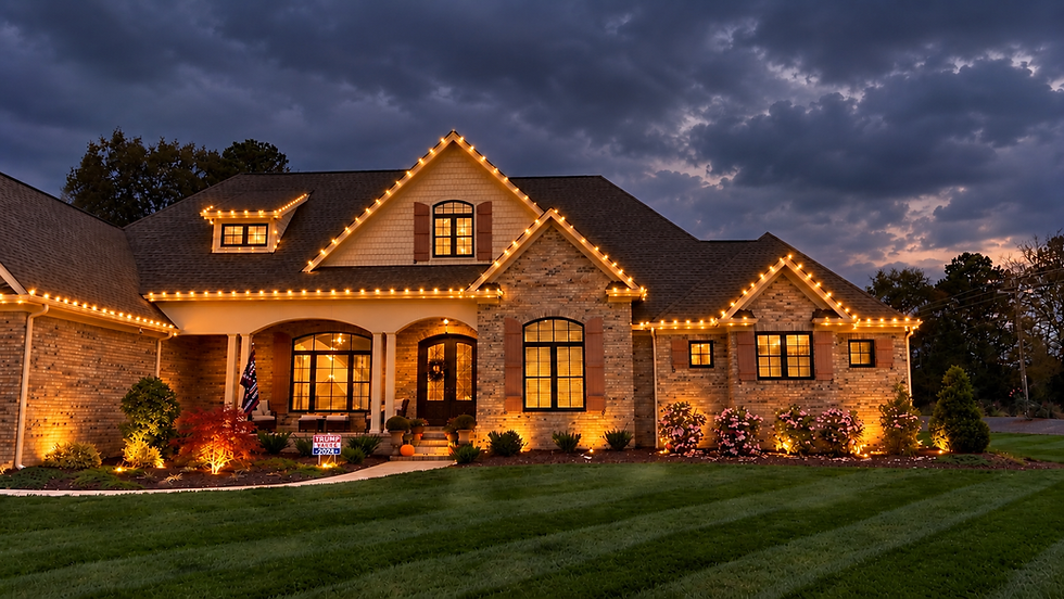 Residential home decorated with warm white Christmas lights