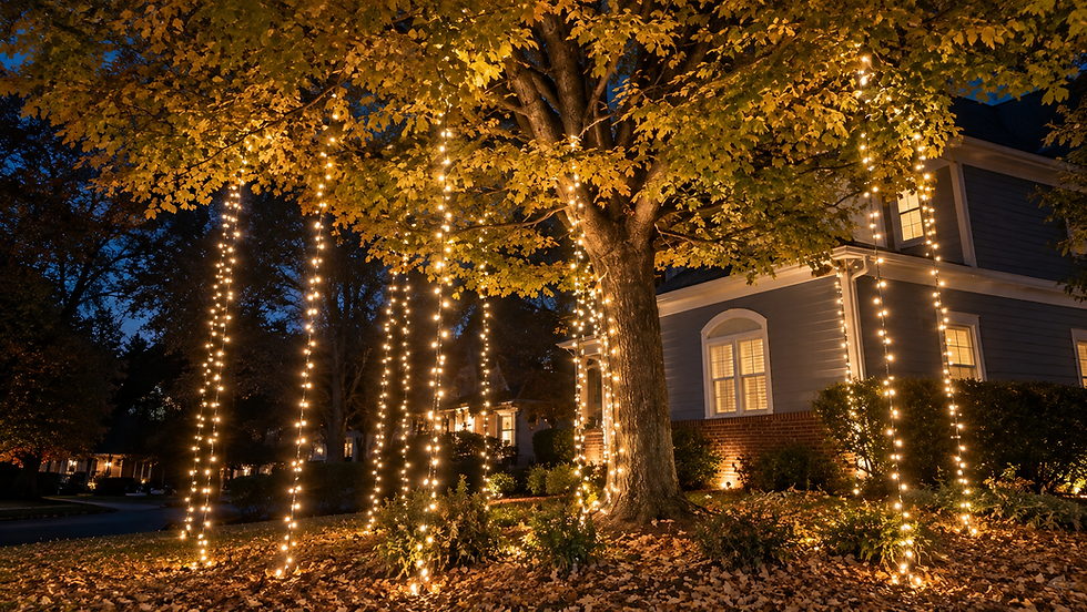 Large trees wrapped with warm white Christmas lights