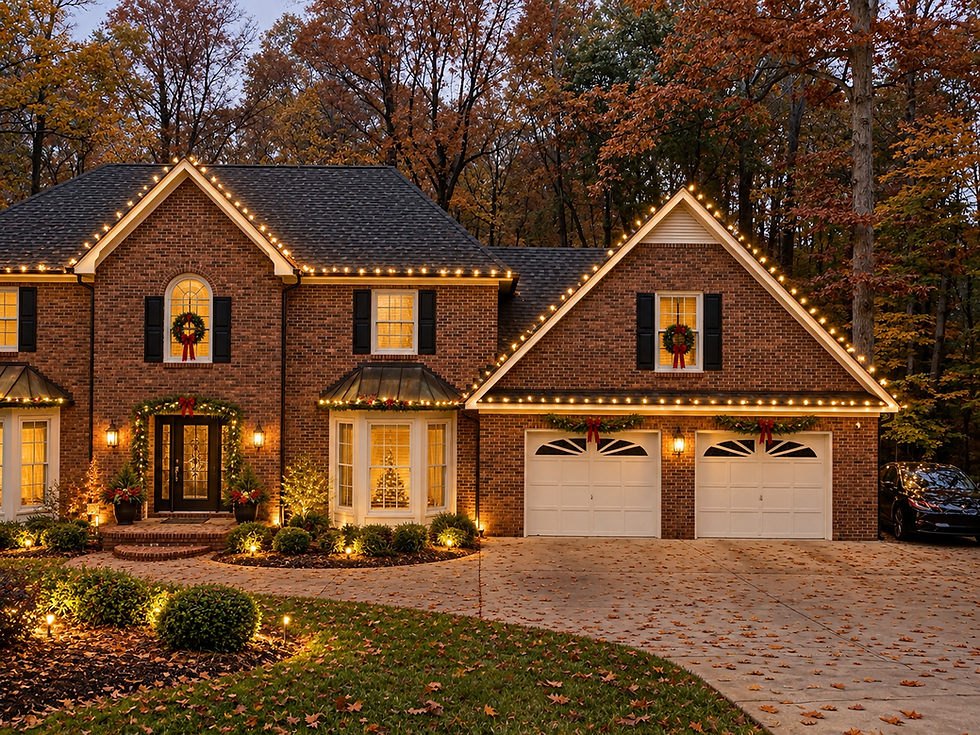 Residential home decorated with warm white Christmas roofline lights