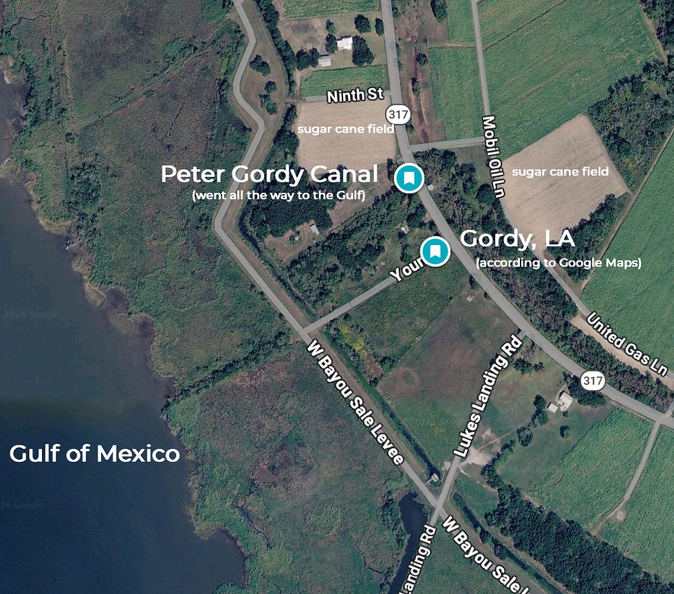 An attempt to show where Gordy Canal was and Gordy, Louisiana is.