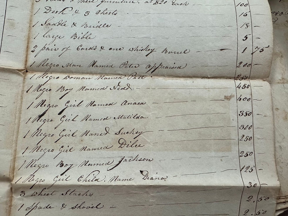 Old handwritten inventory list with names and appraised values. Yellowed paper, black ink. Emotional and historical significance.