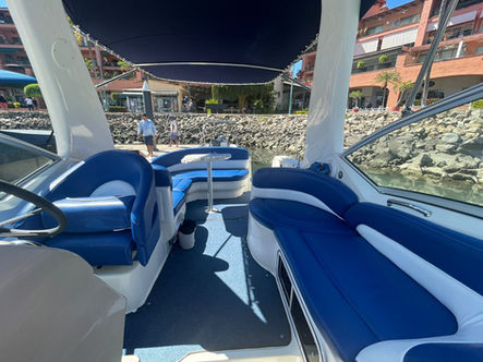 Blue seating on a yacht