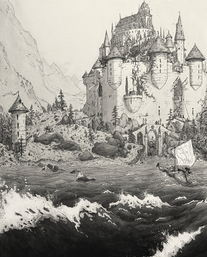 A castle sits at the base opening of a bay in the ocean, a small skiff sailing in. Artist: Adam Chalupa, Ink Illustration on Watercolor Paper.