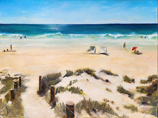 Oil painting of Port Willunga beach. The sand dune path to the beautiful white sand beach and sea on the Fleurieu Peninsula South Australia