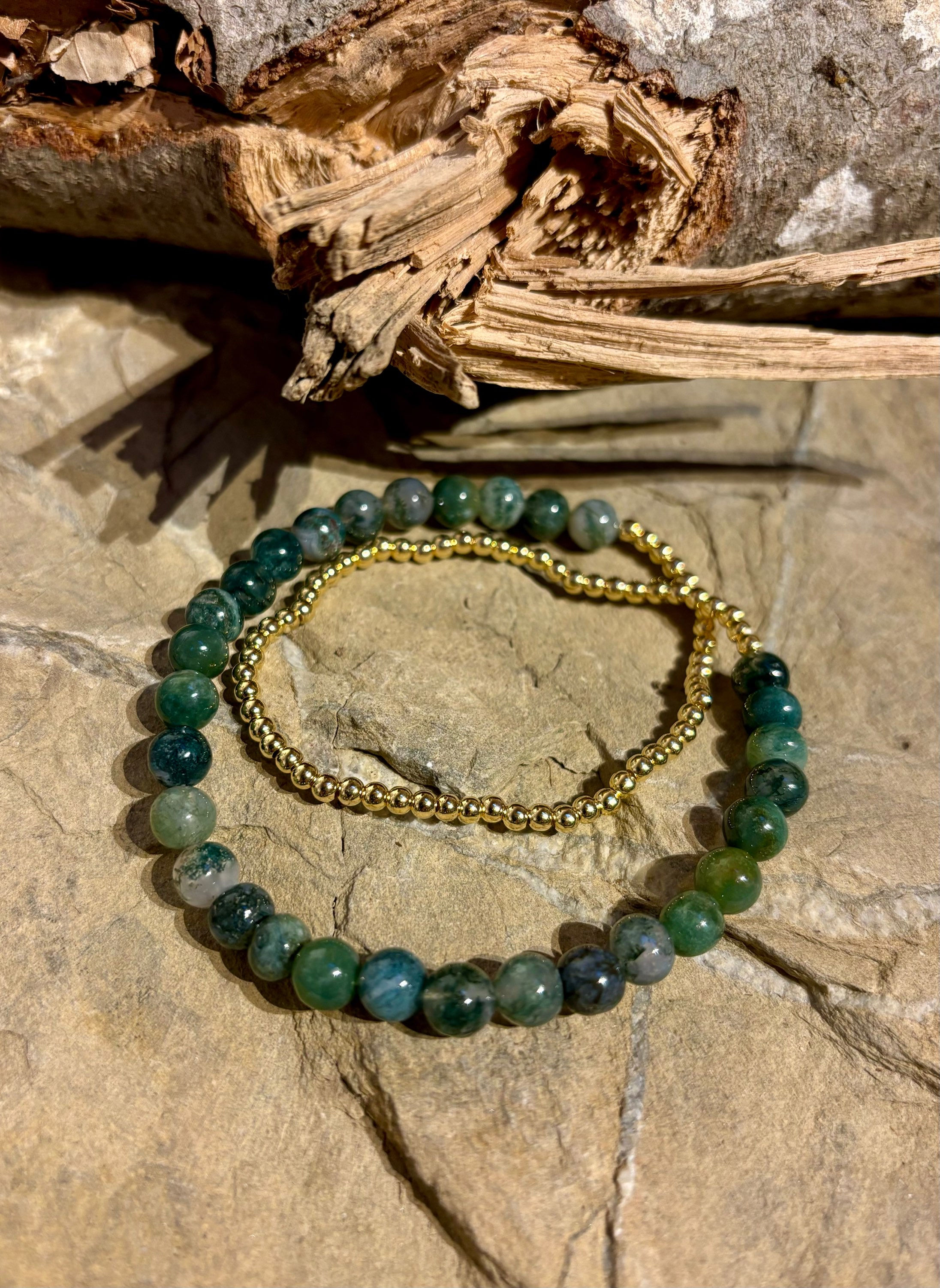 Doppelwickelarmband Moosachat & Silber 925 vergoldet