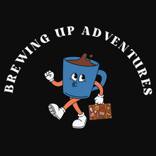 Blue coffee cup walking with suitcase