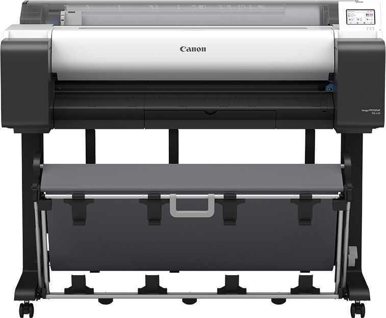 Canon imagePROGRAF TM-610 A0-Plotter mit Touchscreen und Auffangkorb in Frontansicht.