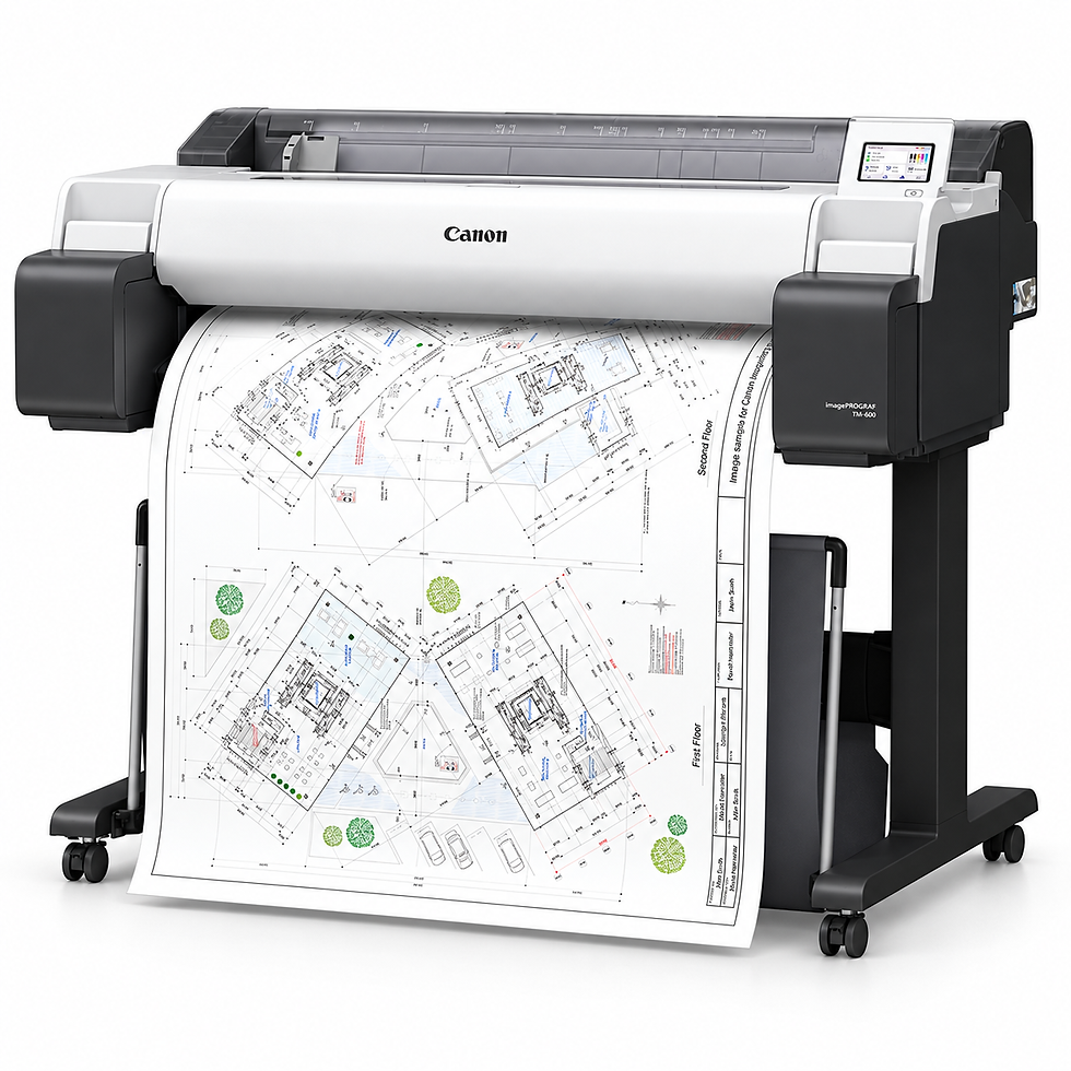 Canon imagePROGRAF TM-600 von rechts mit Untergestell, Anschlussbereich und Rollen.