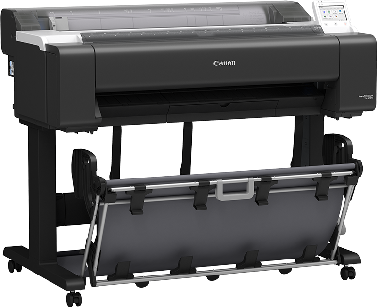 Canon imagePROGRAF TM-610M Multifunktionsplotter mit Untergestell, Ansicht von links.
