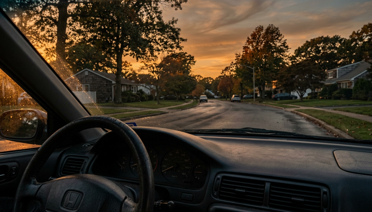 Low-angle view of a car dashboard facing a quiet Long Island road at sunset