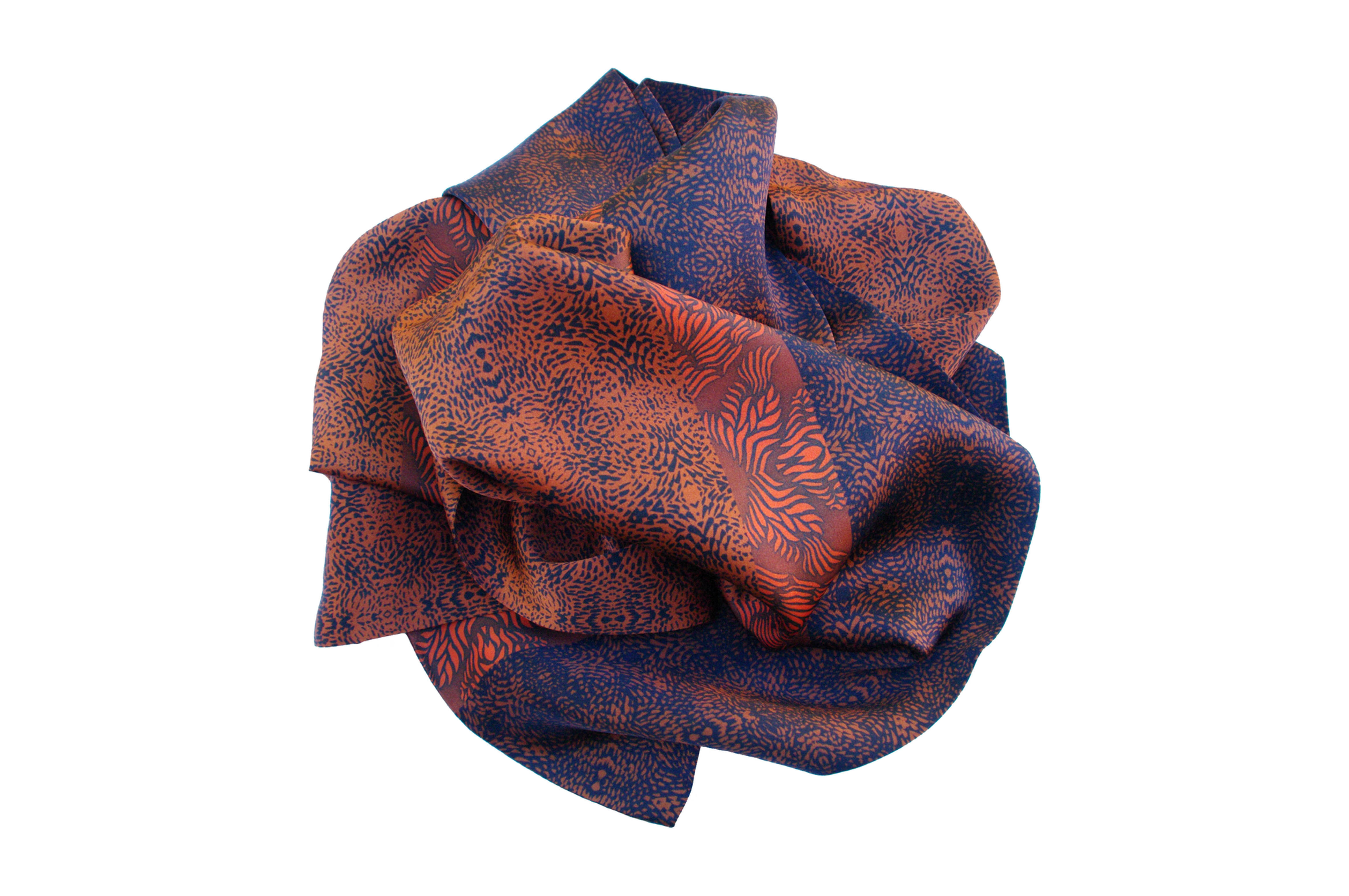 Etole en soie naturelle double teinte brun, orange, bleu foncé, bleu céruléen