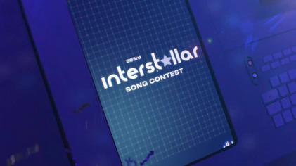 Promo image for The Interstellar Song Contest - futuristic screen with episodes title on it