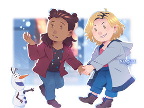 The Doctor and Yaz holding hands with Olaf by them laughing. TARDIS behind them and it is snowing
