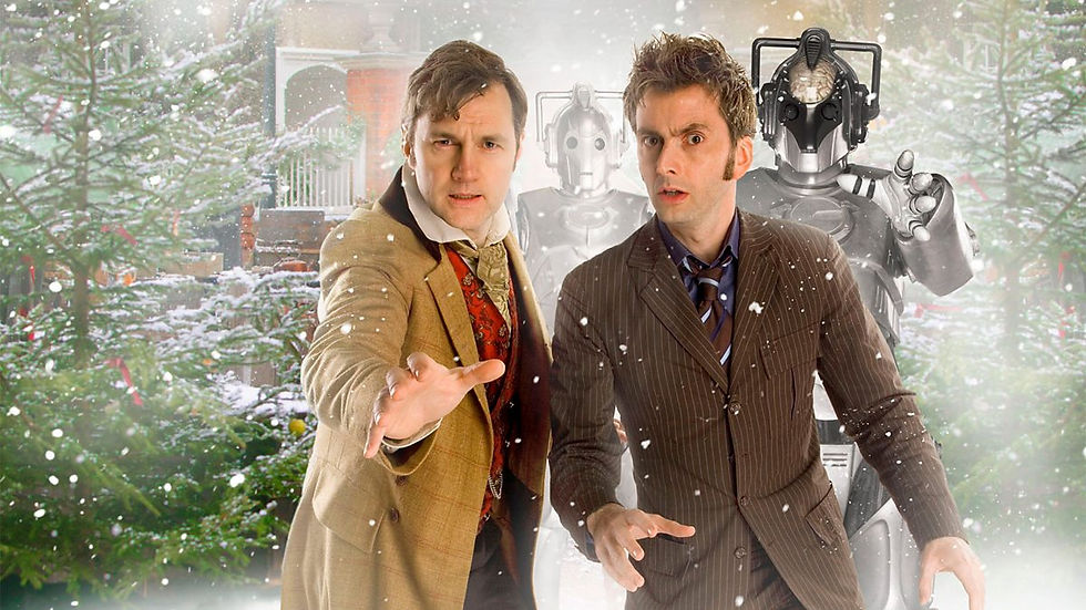 Promo image for the episode. Jackson Lake and the Doctor looking at camera in the snow with two cybermen behind them. One cyberman you can see a brain in their head