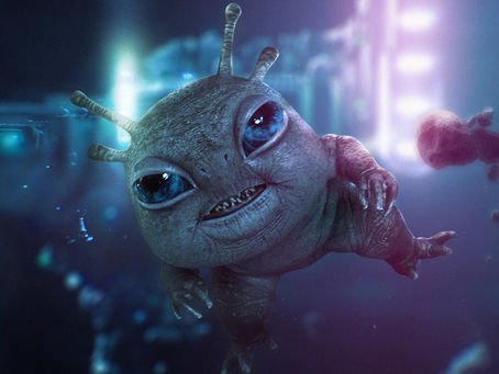 The Pting, a small gremlin like creature falling through space. It looks like it is growling