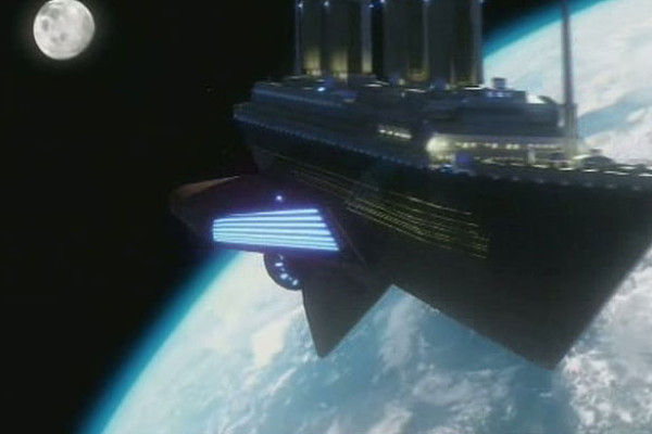 Titanic flying above earth in outer space