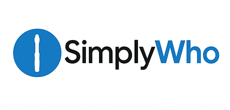 SimplyWho logo, Simply in black, Who in blue. Silhouette of sonic screwdriver