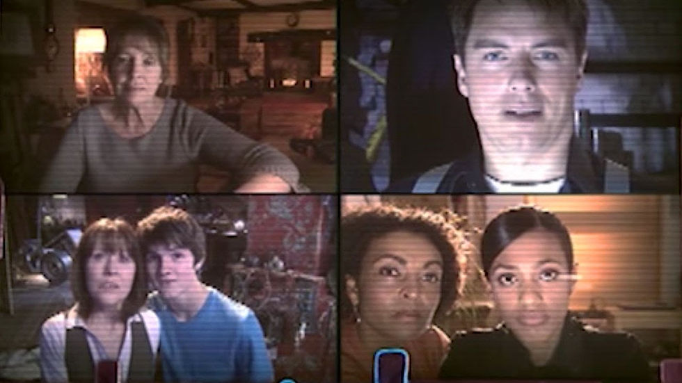 Subwave network, Harriet Jones, Jack, Sarah Jane and Luke, Martha and her mum. Split into four sections on a monitor, like a webcam image of each