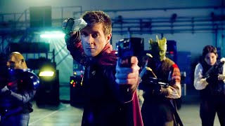 Rory holding a gun and sword in front of Strax, Vastra and Jenny