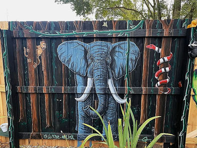 elephant, snakes, paint on fence