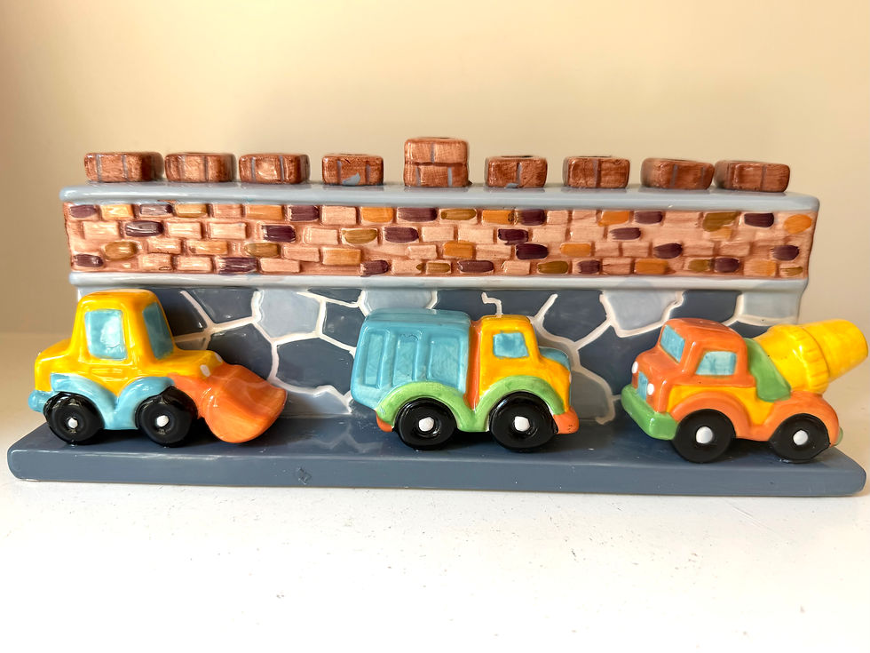Thumbnail: Ceramic Kid’s Hanukkah Menorah With Construction Trucks