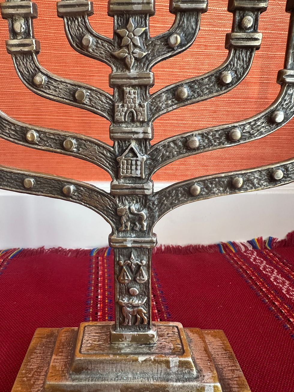 Thumbnail: Large Brass Hanukkah Menorah with 12 Signs of Israel's Tribes - Majestic Cente