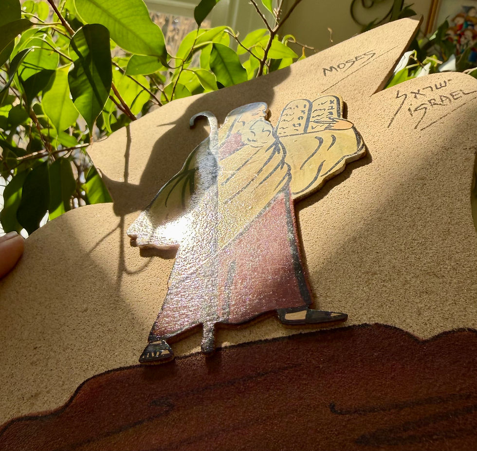 Thumbnail: Moses with 10 Commandments Tablets, Vintage Hand Painted Wall Decor Israel c1960