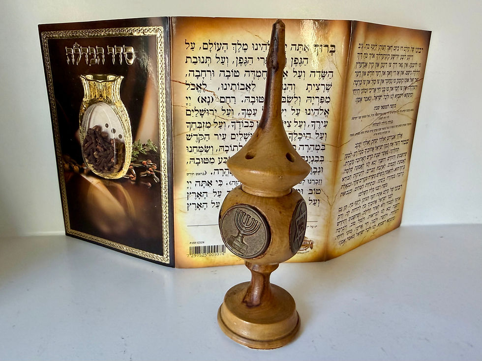 Thumbnail: 1960s Besamim Tower Made of Olive Wood Havdalah Incense & Hebrew Blessings Card