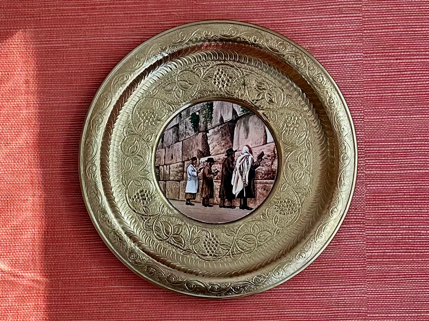 Midcentury Embossed Brass Wall Plate Made in  Israel  8 1/8” In Diameter