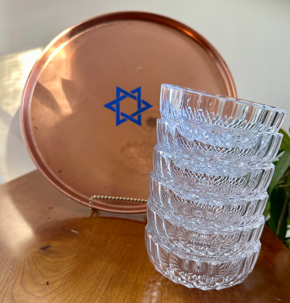Thumbnail: Vintage Seder Plate Copper And 6 Val Saint Lambert Crystal Bowls Signed