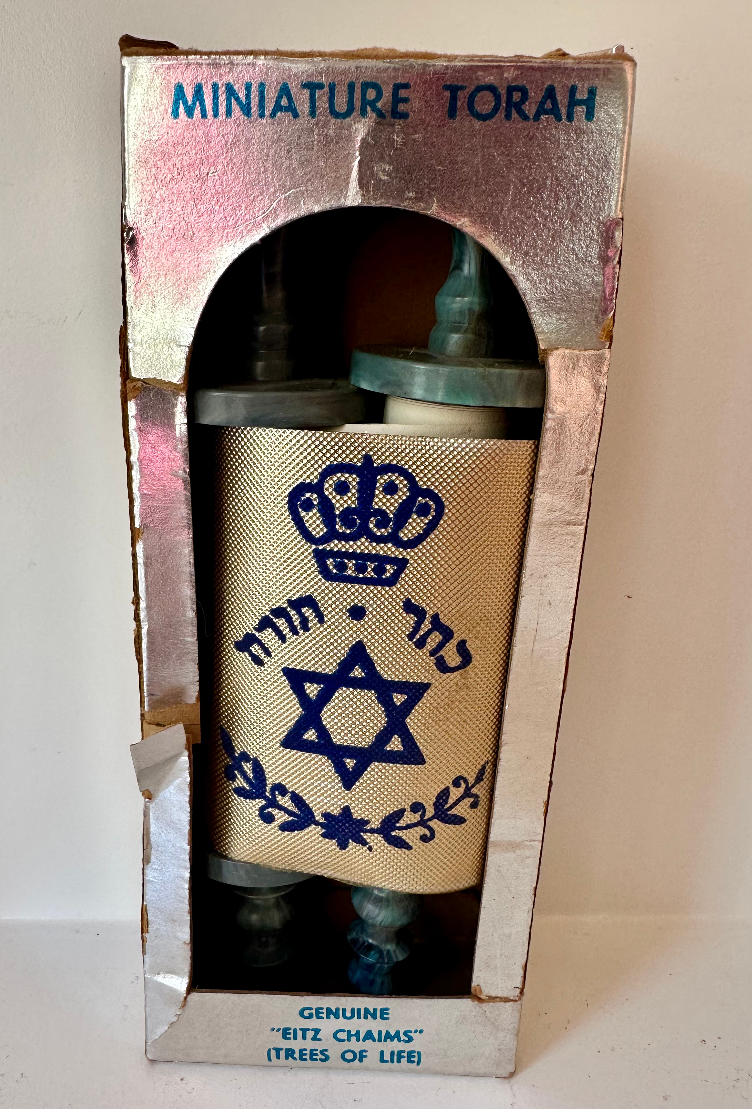 Midcentury Miniature Torah Scroll In Original Silver Box