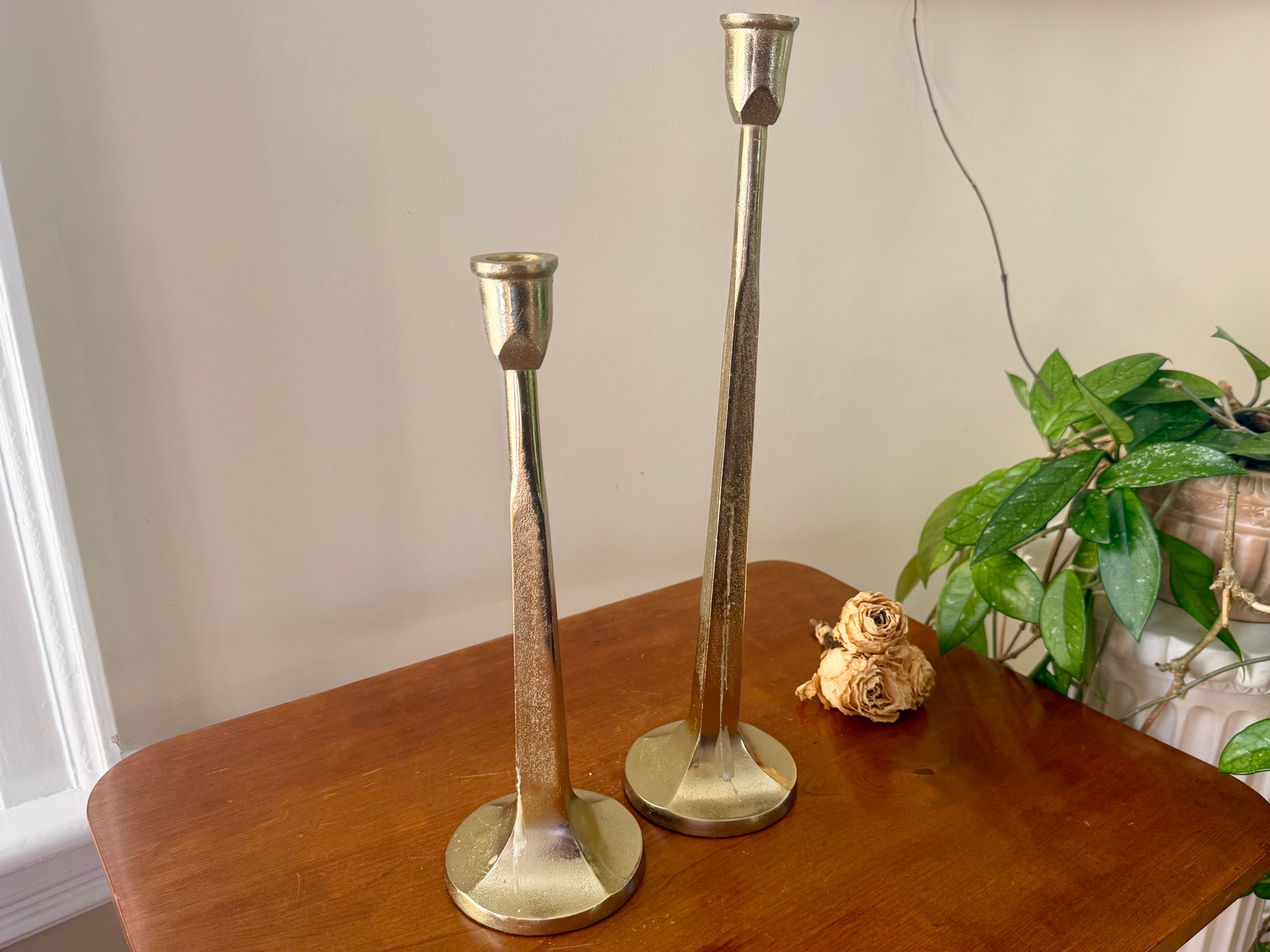 Modern Golden Shabbat Candle Holders 16” And 12 1/4” Tall