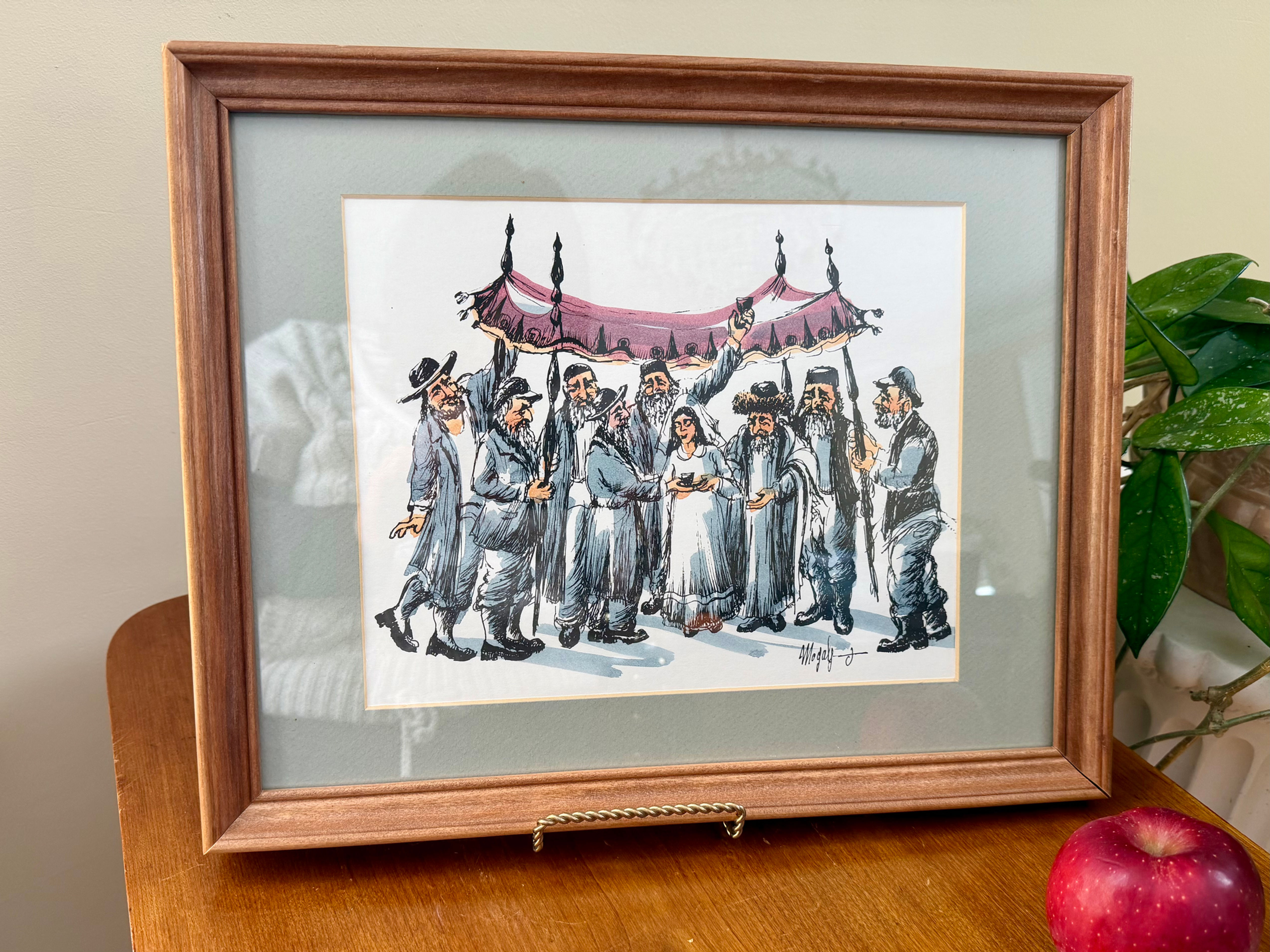 Jewish Wedding Nissu’in Watercolor And Ink Print Signed J. Moyal Framed Matted