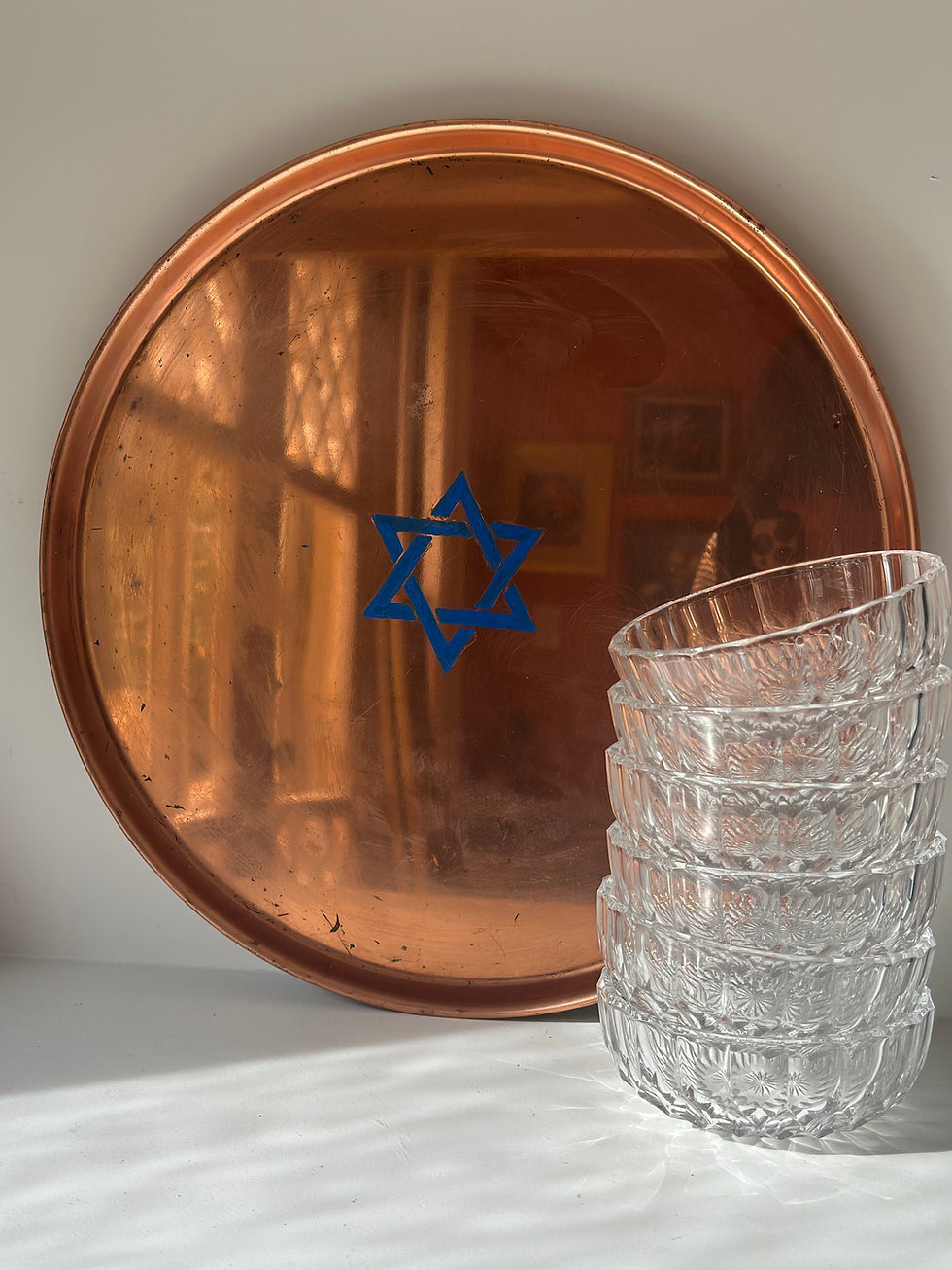 Thumbnail: Vintage Seder Plate Copper And 6 Val Saint Lambert Crystal Bowls Signed