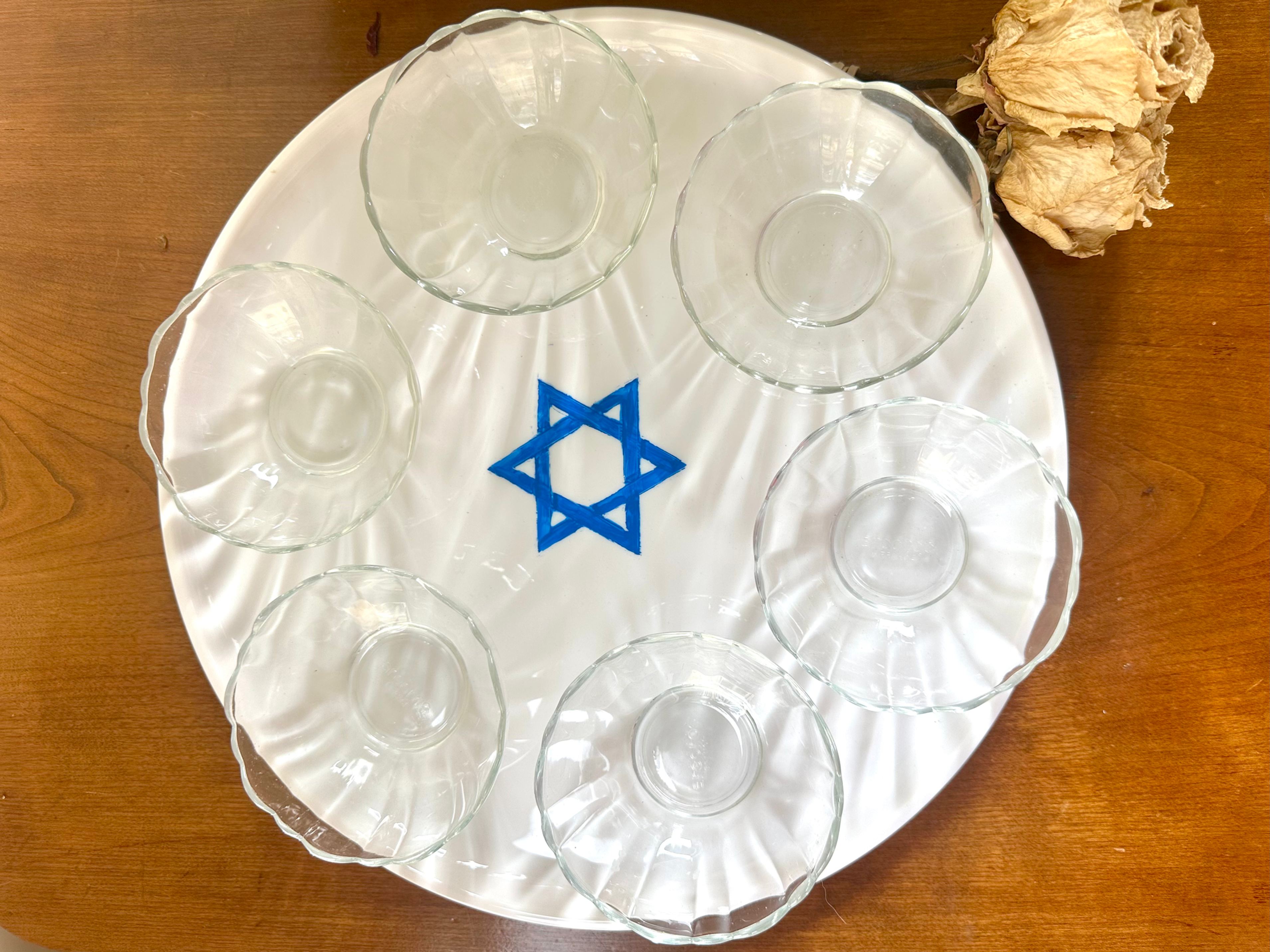 Seder Plate White Porcelain Platter Glass Bowls Hand Painted Magen David