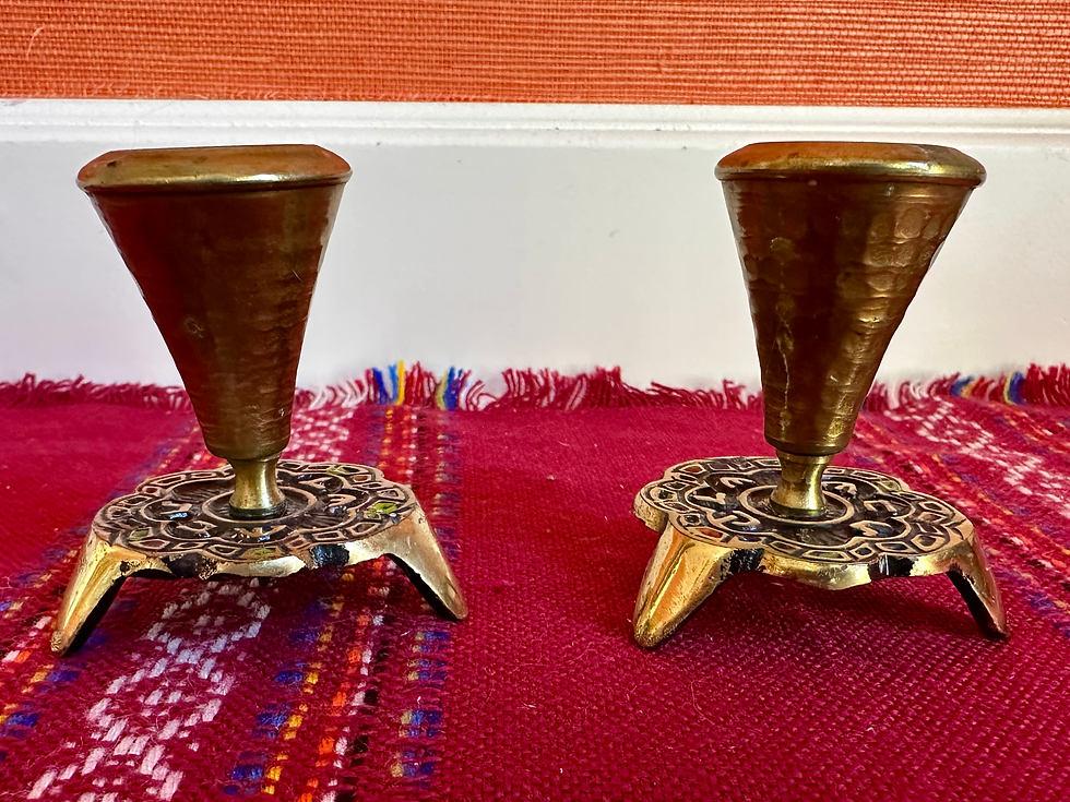 Thumbnail: Midcentury Shabbat Candle Holders Brass And Enamel Sabra Israel 2 3/8”