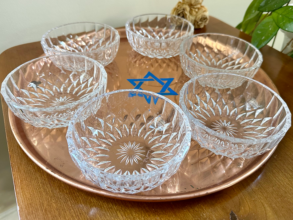 Thumbnail: Vintage Seder Plate Copper And 6 Val Saint Lambert Crystal Bowls Signed