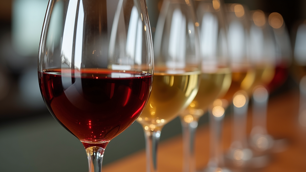 Close-up view of various wine glasses displaying red and white wines