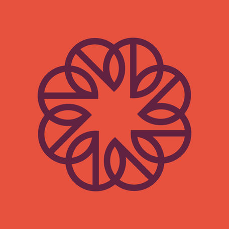 Red-orange background with a flower logo made yup of overlapping lowercase Es.