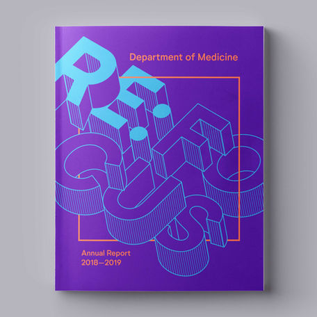 A bright purple annual report cover with the words "RE:FOCUS" written in large blue-outlined block letters, and neon pink line graphics.