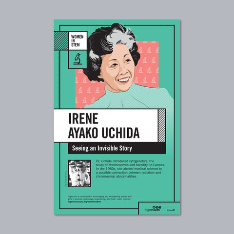 A bright green poster with pink elements, black and white text blocks, and an illustration of a Japanese woman scientist.