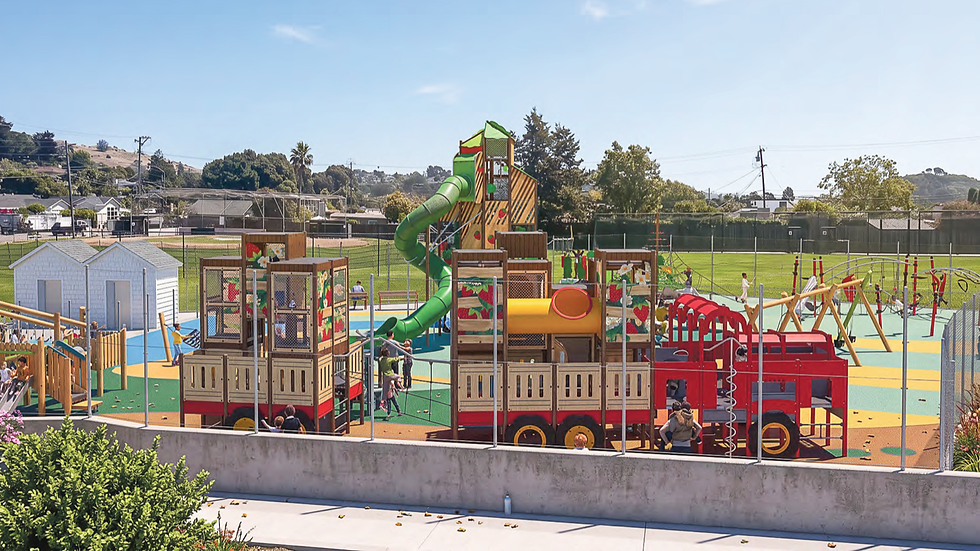 A Kompan rendering shows the company’s competing wood design, built around a 16-foot ‘strawberry truck’ and a 30-foot tower with a green tube slide, with strawberry-painted panels and shade structures. (Kompan via Strawberry Recreation District)