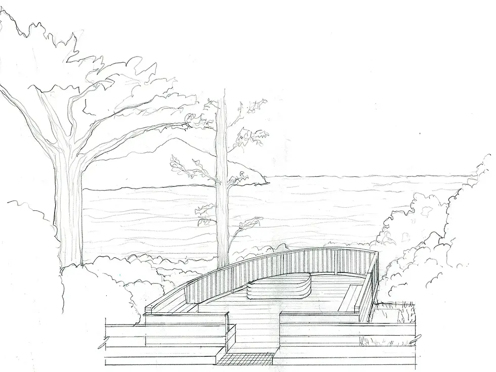 A sketch by Tiburon landscape architect Christianna Seidel shows the viewing platform planned for Artist’s View, a city-owned open-space parcel at the southern tip of Belvedere Island. The city has since revised the platform’s structure to use more wood and less steel to cut costs. (Christianna Seidel via city of Belvedere)
