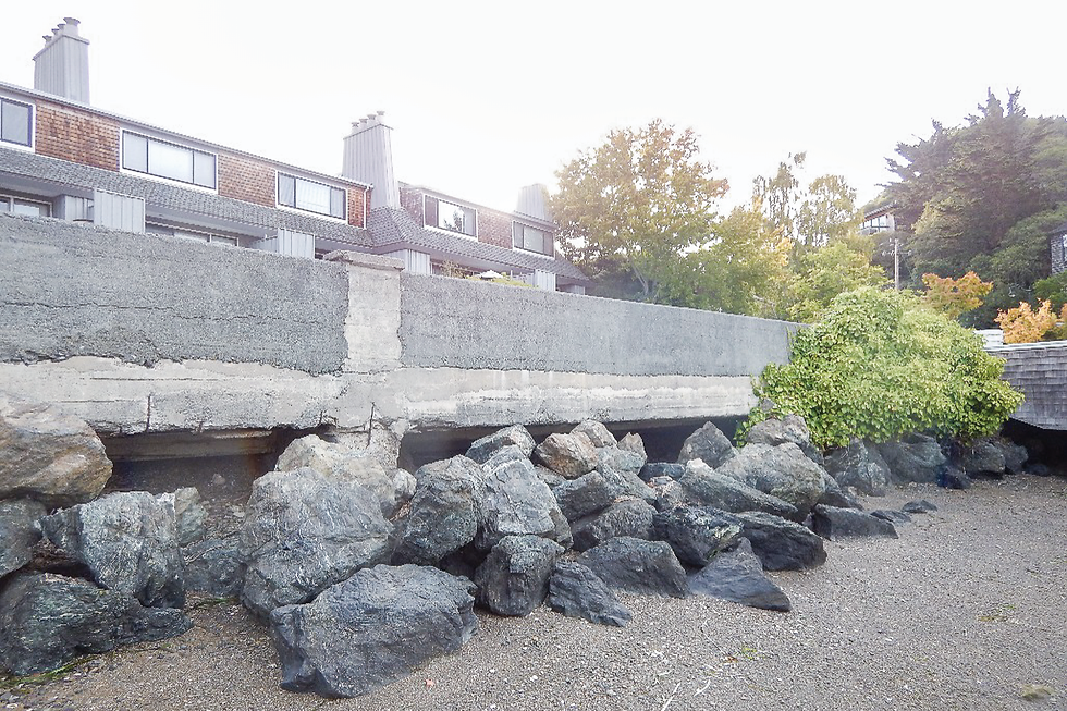 The Ark Row seawall, known as the Main Street Bridge, sits along Belvedere Cove near Beach Road. The structure received poor and fair grades from Caltrans for cracked concrete and corroded steel beams and rebar, so Tiburon is making temporary repairs expected to last a few decades until it can be fully retrofitted or replaced. (Voss Laboratories Inc. via town of Tiburon 2018)