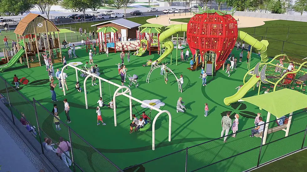 A rendering of the revised playground planned for Strawberry Park shows its centerpiece, a large red strawberry children can slide down, on a rubber surface decorated with strawberry vines. On Oct. 13, the Strawberry Recreation District board voted 4-0 to send playground company GameTime a letter of intent for the roughly $2.55 million project, with final approval set for Nov. 10. The board also approved a $333,152 bid from G&G Builders for the restroom building. (GameTime rendering)