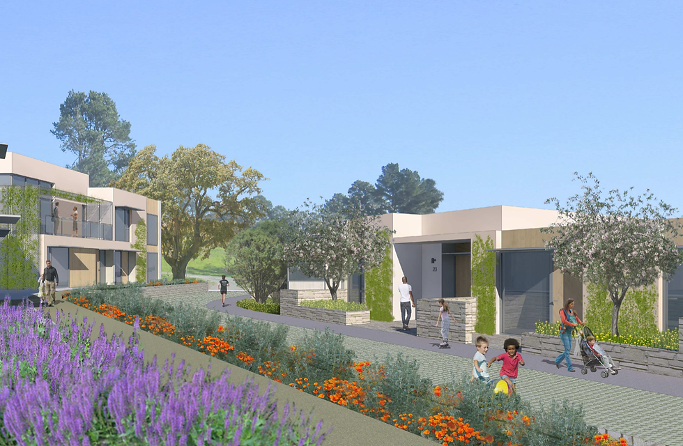 A rendering of the proposed residential development at the former Golden Gate Baptist Theological Seminary campus in Strawberry shows low-rise housing units along a landscaped pedestrian path. (Mark Cavagnero Associates Architects via county of Marin)