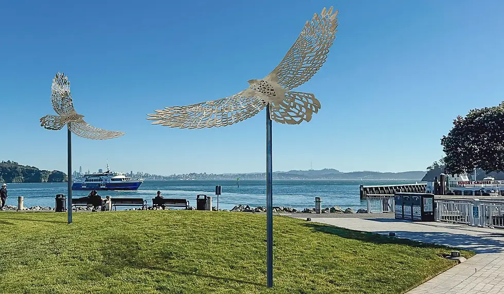 Sausalito-based artist Nicki Adani is proposing ‘Bird’s Eye View,’ which features two metal birds on posts soaring in the air as either a permanent exhibit near the Tiburon ferry landing, with a rendering pictured here, or as a temporary exhibit at South of the Knoll Park. Tiburon’s Heritage & Arts Commission has forwarded the proposal to the town’s Parks, Open Space & Trails Commission for review after an anonymous donor pledged up to $68,225 to cover the total cost of installation. (Nicki Adani via town of Tiburon)
