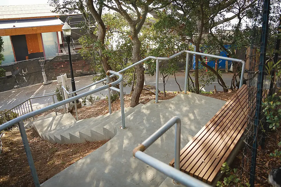 A new wooden bench sits atop an existing concrete bench on Belvedere’s Park Lane, which connects Golden Gate and Belvedere avenues. City staff reported the bench finished the week of the Sept. 17 Parks, Open Spaces and Lanes Committee meeting. The lane’s handrails are still awaiting paint. The committee is weighing a similar landing with a bench to replace deteriorating stairs at the top of Hawthorne Lane. (Ted McDonnell / For The Ark)