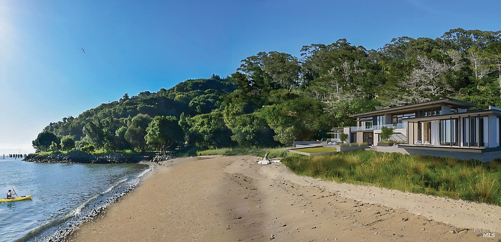 A rendering shows approved plans for a 6,500-square-foot home on rare beachfront property on Tiburon’s Paradise Drive. (Sean Bailey Design via Golden Gate Sotheby’s International Realty)