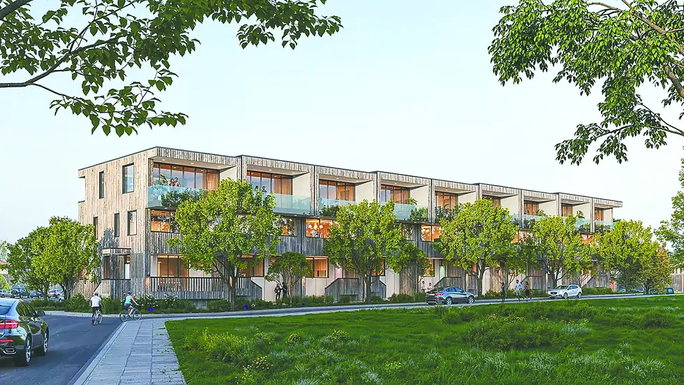 A rendering from Black Oak Ventures’ current plans shows the nine proposed three-story townhomes on the Point Tiburon Plaza parking lot at 1801 Tiburon Blvd. A note on the plans says the garage buildings of the neighboring Point Tiburon Bayside Condominiums were left out of the image so the townhomes can be seen. (Macy Architecture via town of Tiburon)